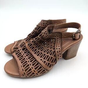 Bueno Candice Heel Sandal Laser-Cut Ankle Strap Women's Brown Size US8.5 EU39